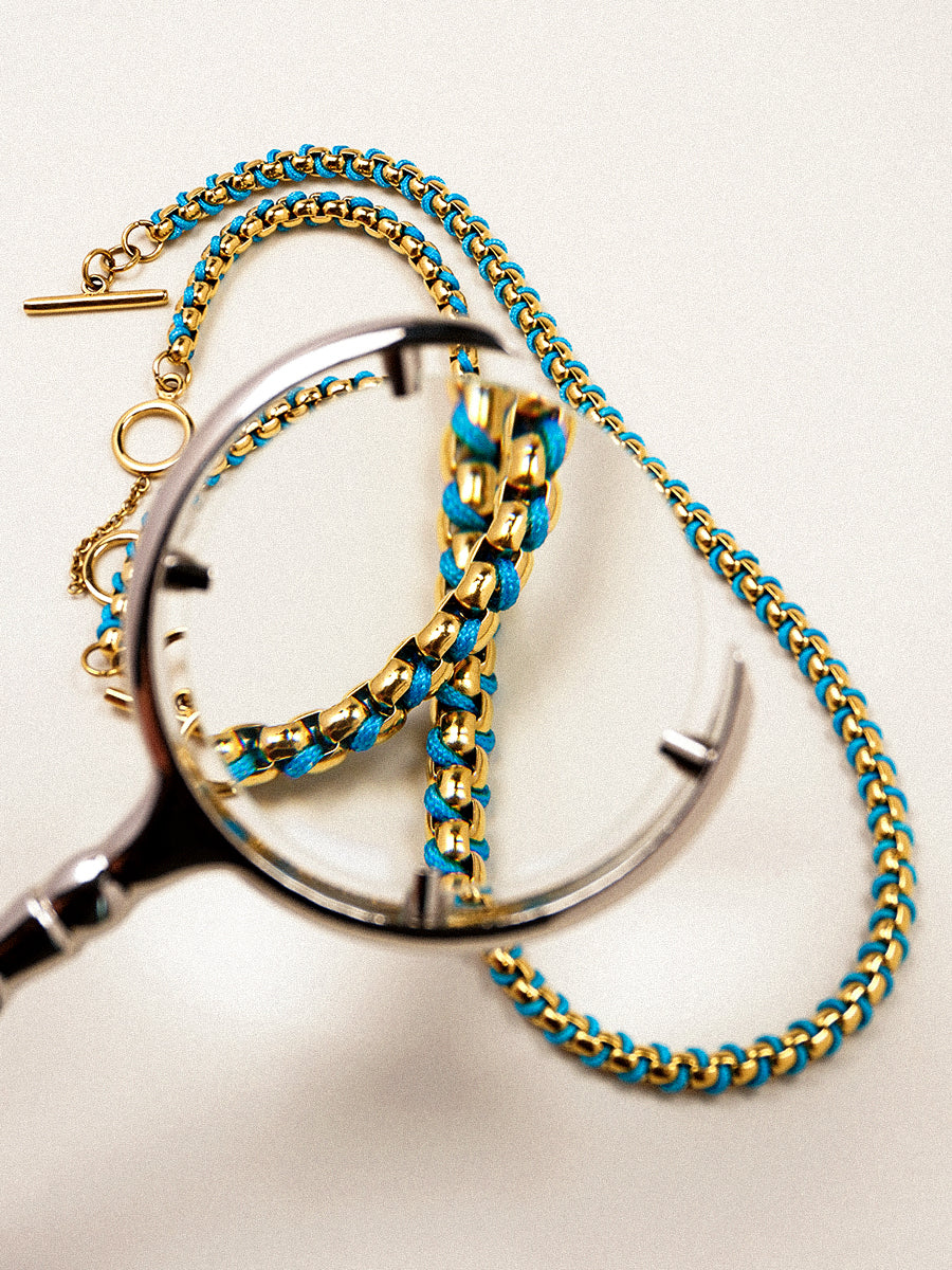 Gold Cerulean Blue Braided Necklace RN023