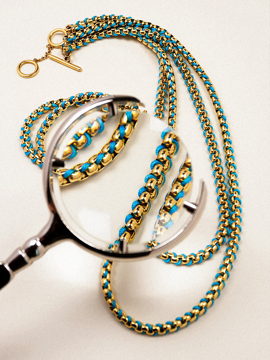 Gold Cerulean Blue Braided layered Necklace RN024