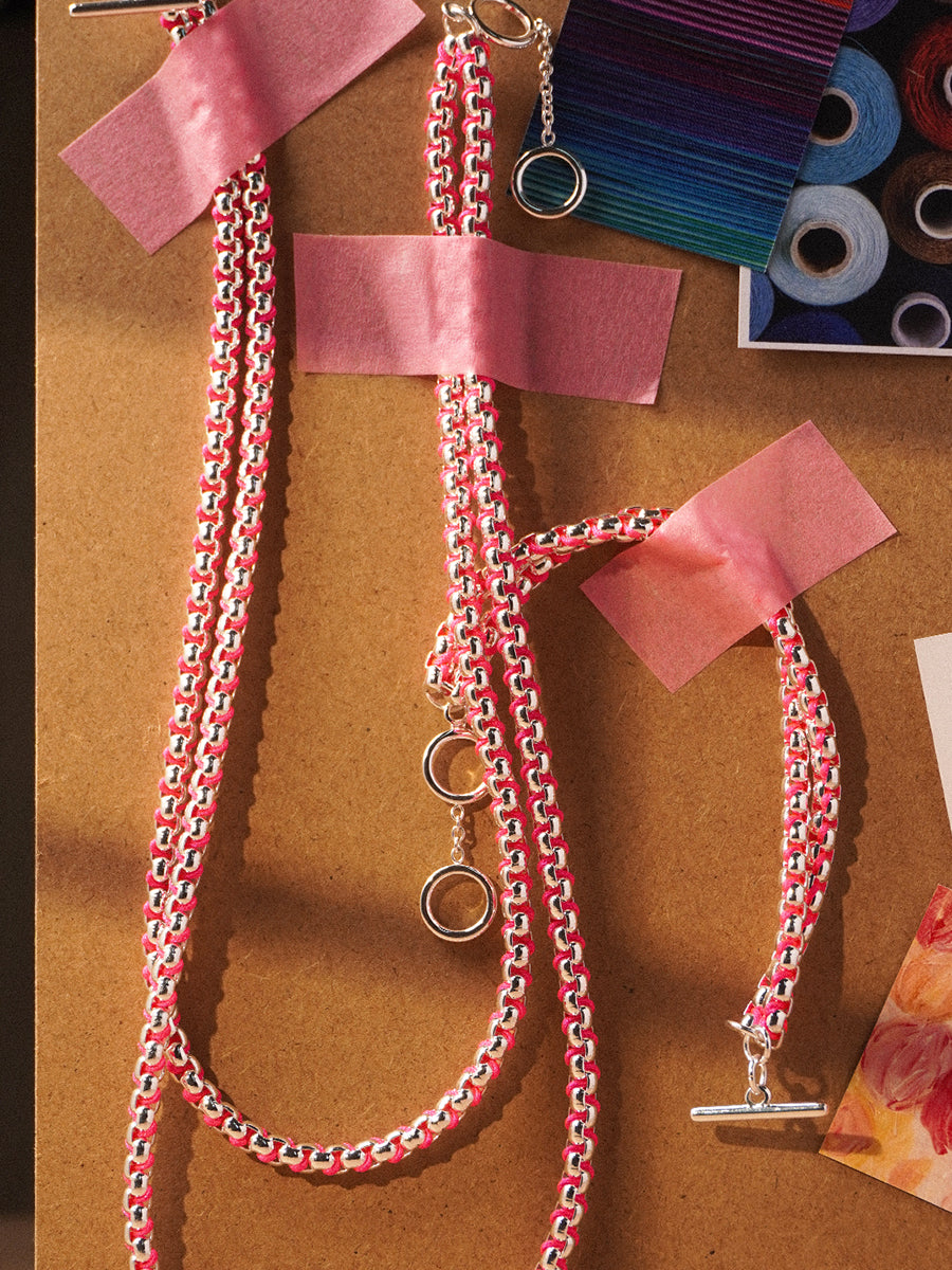 Silver Hot Pink Braided layered Necklace RN030