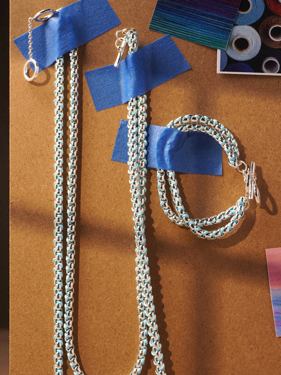 Silver Summer Blue Braided layered Necklace RN028