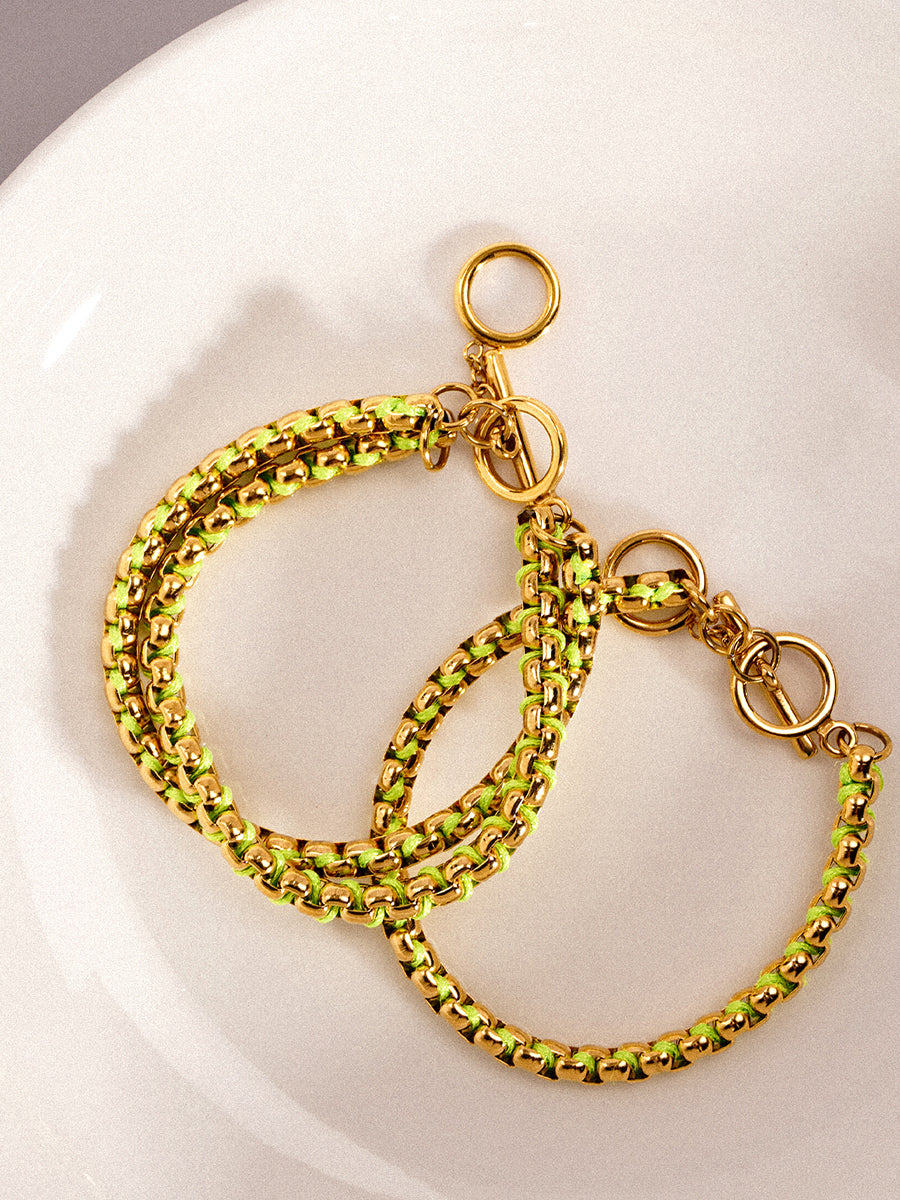 Gold Neon Green Hand-woven layered Bracelet RB032
