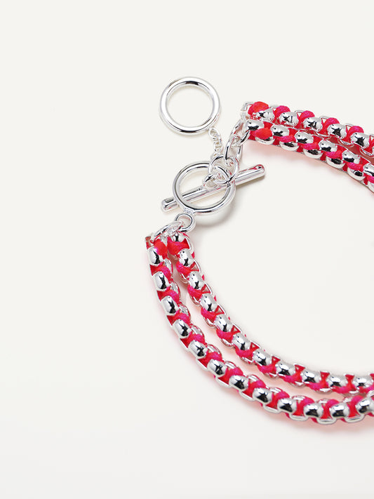 Silver Hot Pink Hand-woven layered Bracelet RB030