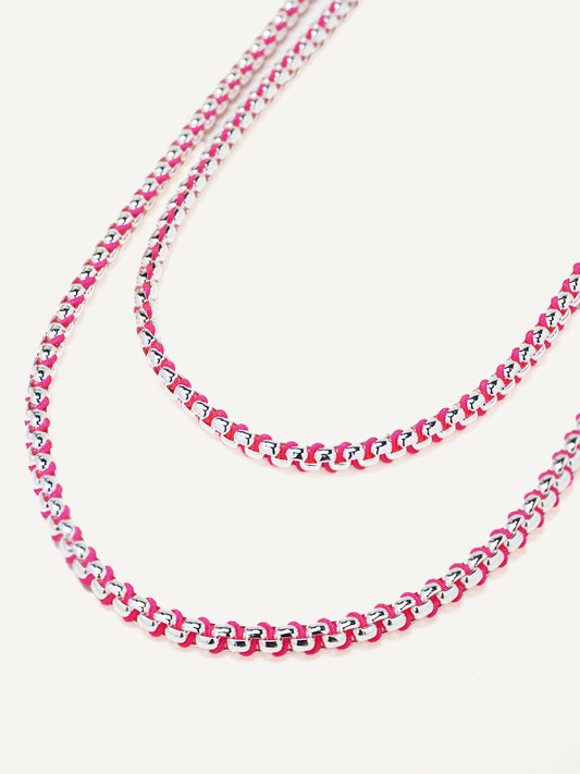 Silver Hot Pink Braided layered Necklace RN030