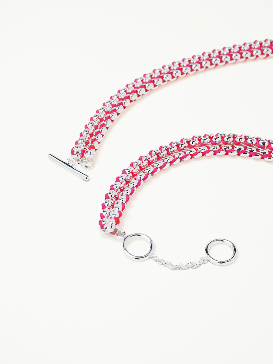 Silver Hot Pink Braided layered Necklace RN030
