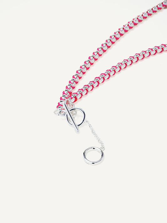 Silver Hot Pink Braided Necklace RN029