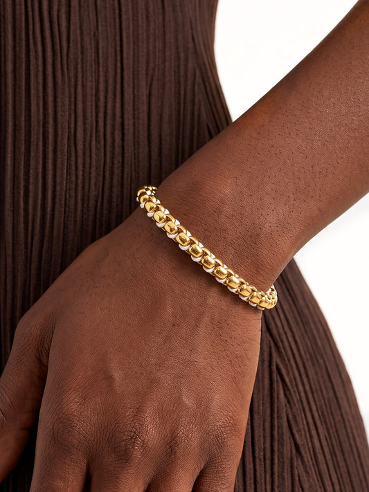 Gold & White Hand-woven Cord Statement Bracelet