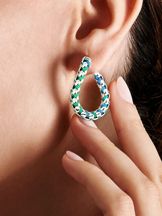 Silver Blue-Green Gradient Chain Hand-woven Hoop Earrings