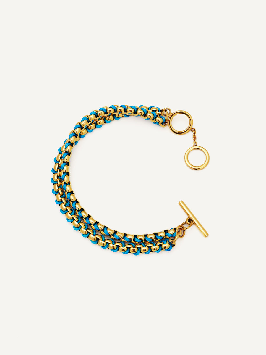 Gold Cerulean Blue hand-woven layered Bracelet RB024