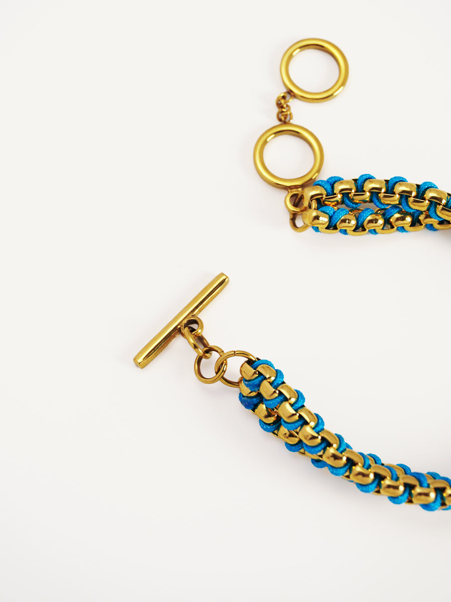 Gold Cerulean Blue hand-woven layered Bracelet RB024