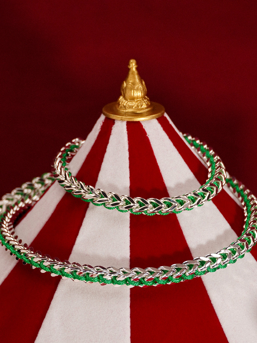 Silver Christmas Green Hand-woven Chevron Cuff Bracelet RB042