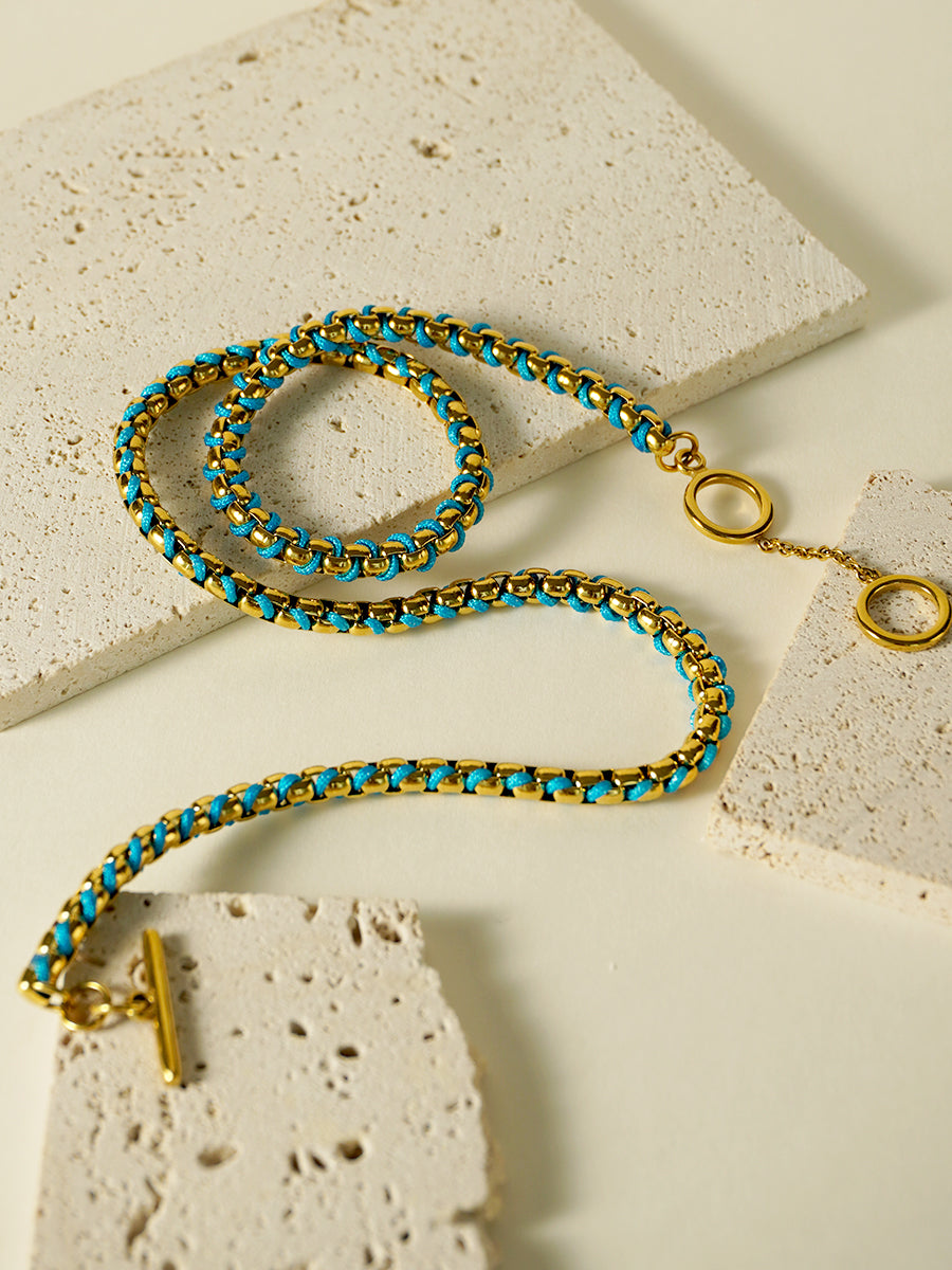 Gold Cerulean Blue Braided Necklace RN023