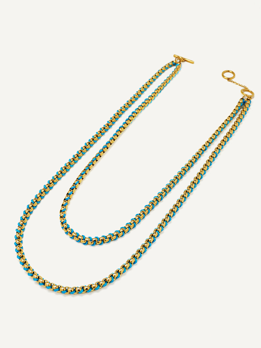 Gold Cerulean Blue Braided layered Necklace RN024