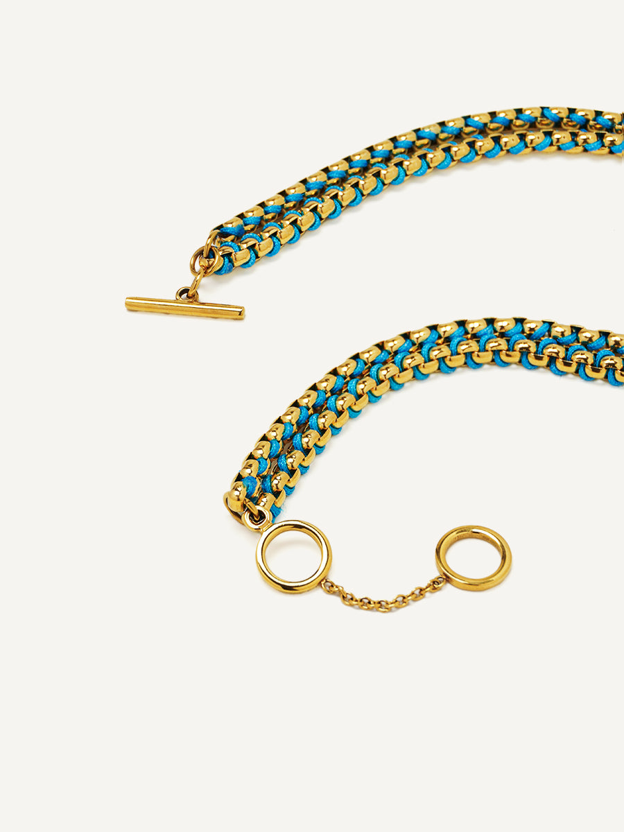 Gold Cerulean Blue Braided layered Necklace RN024