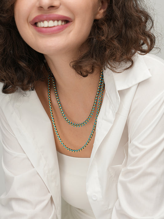 Gold Cerulean Blue Braided layered Necklace RN024