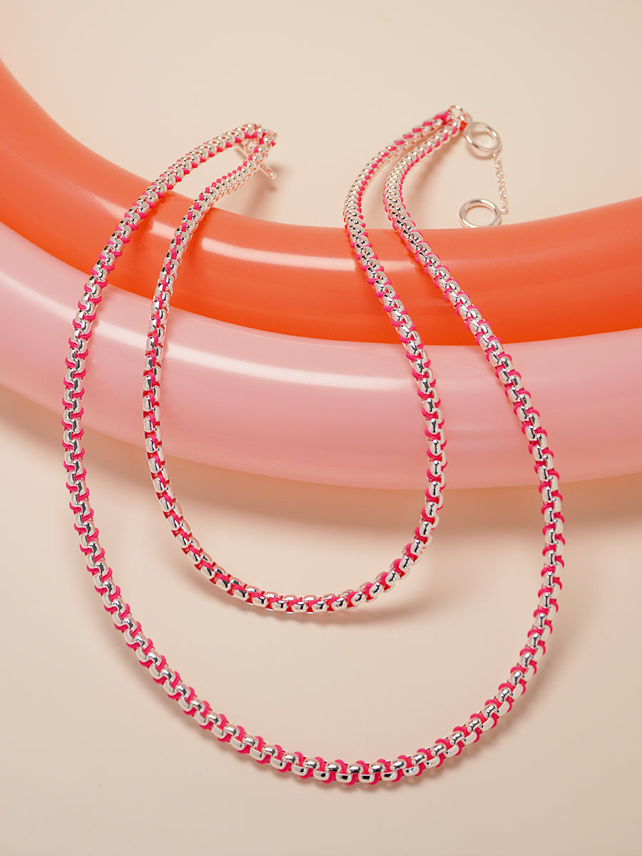 Silver Hot Pink Braided layered Necklace RN030