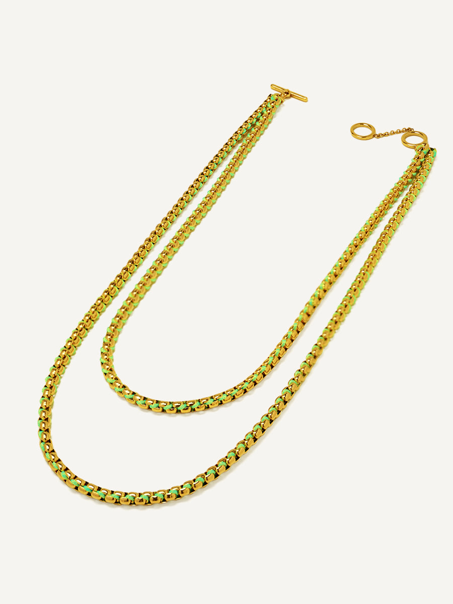 Gold Neon Green Braided layered Necklace RN032