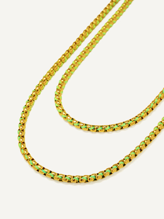 Gold Neon Green Braided layered Necklace RN032