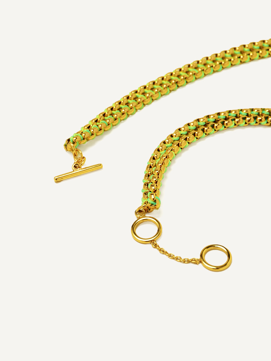 Gold Neon Green Braided layered Necklace RN032