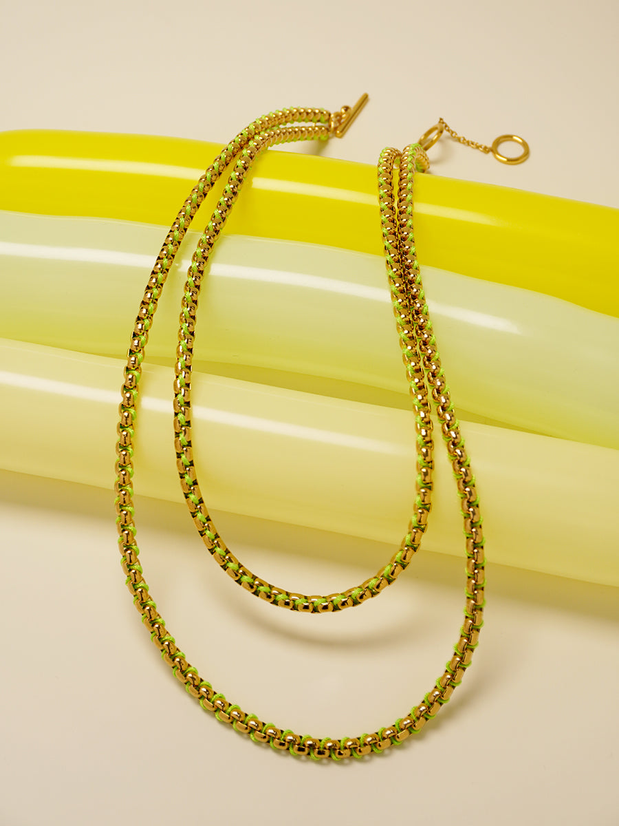 Gold Neon Green Braided layered Necklace RN032