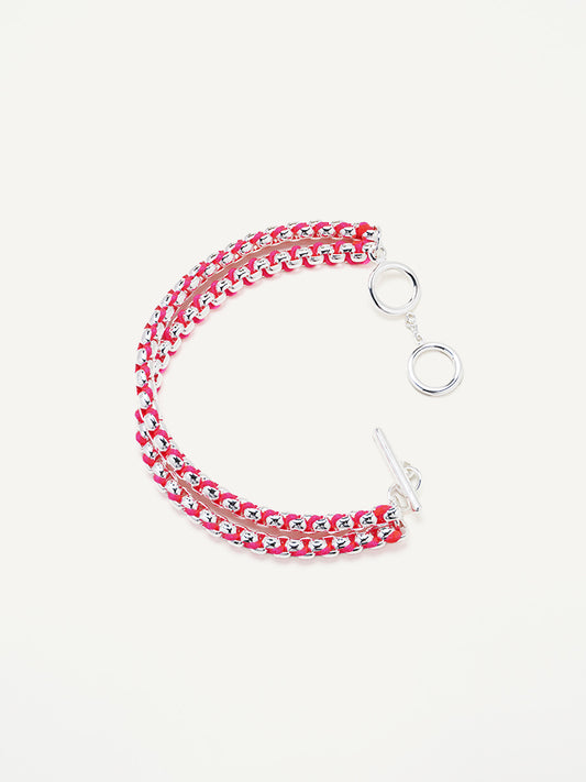 Silver Hot Pink Hand-woven layered Bracelet RB030