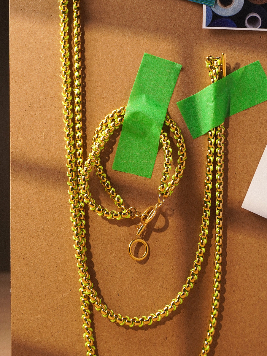 Gold Neon Green Braided layered Necklace RN032