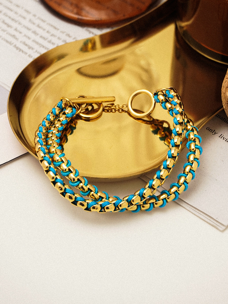 Gold Cerulean Blue hand-woven layered Bracelet RB024