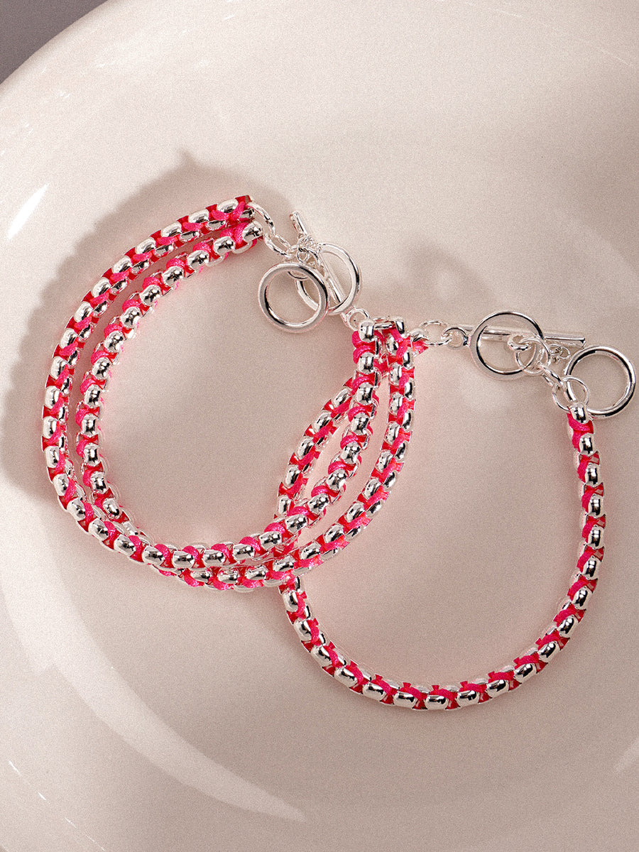Silver Hot Pink Hand-woven layered Bracelet RB030