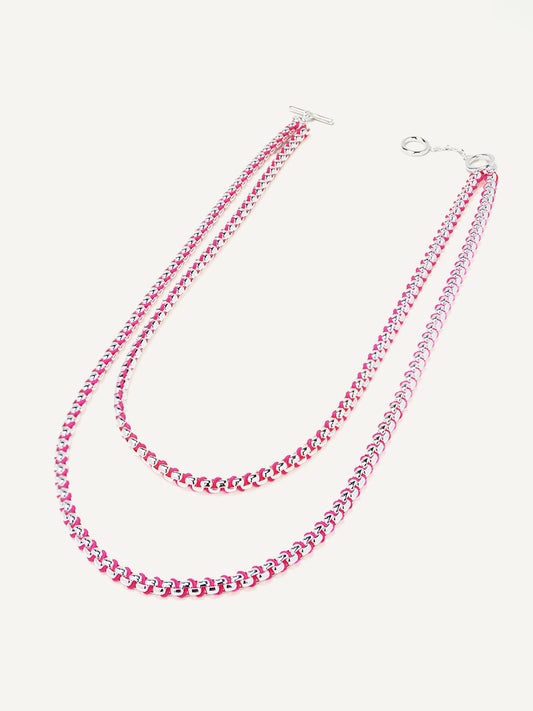 Silver Hot Pink Braided layered Necklace RN030
