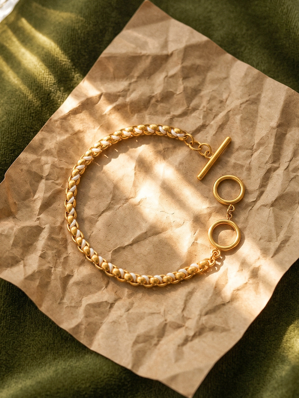 Gold & White Hand-woven Cord Statement Bracelet
