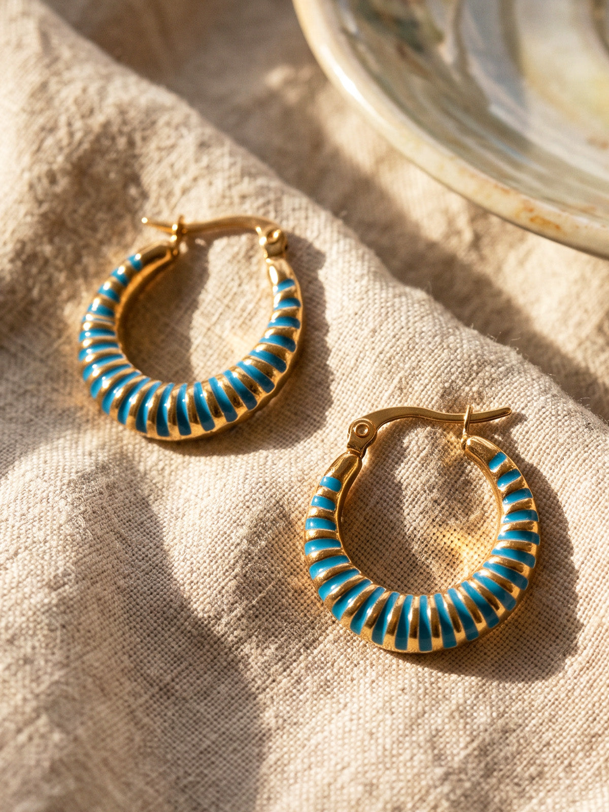 Hand-Dipped Enamel Huggie Hoops – Peacock Blue