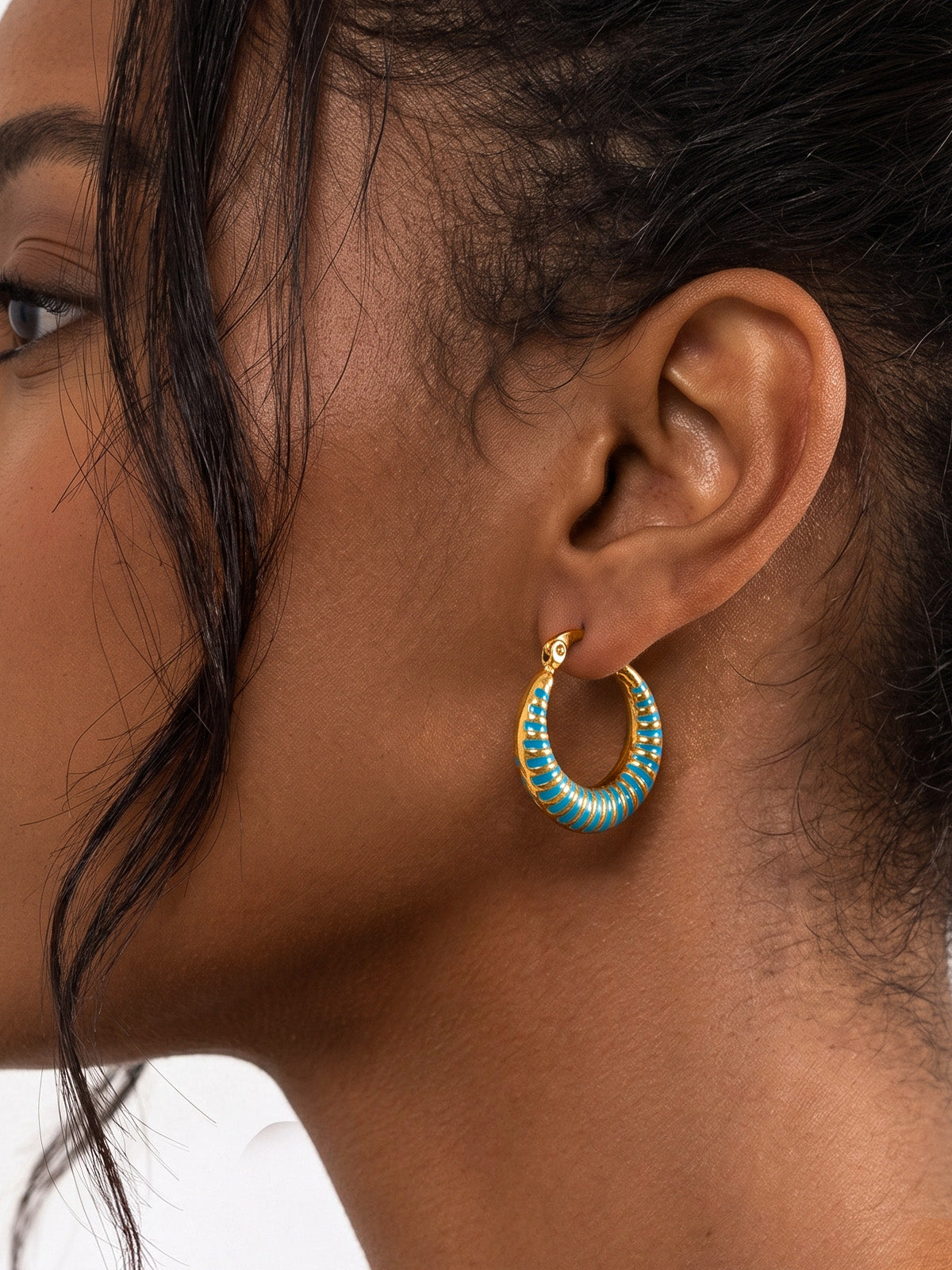 Hand-Dipped Enamel Huggie Hoops – Peacock Blue