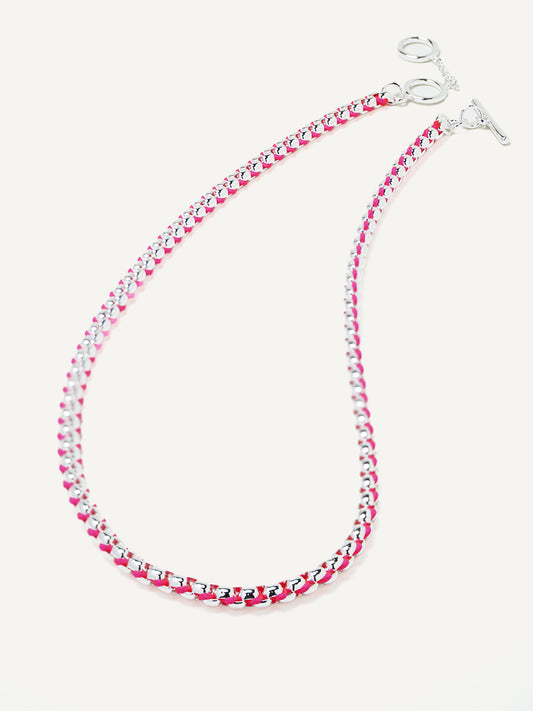 Silver Hot Pink Braided Necklace RN029