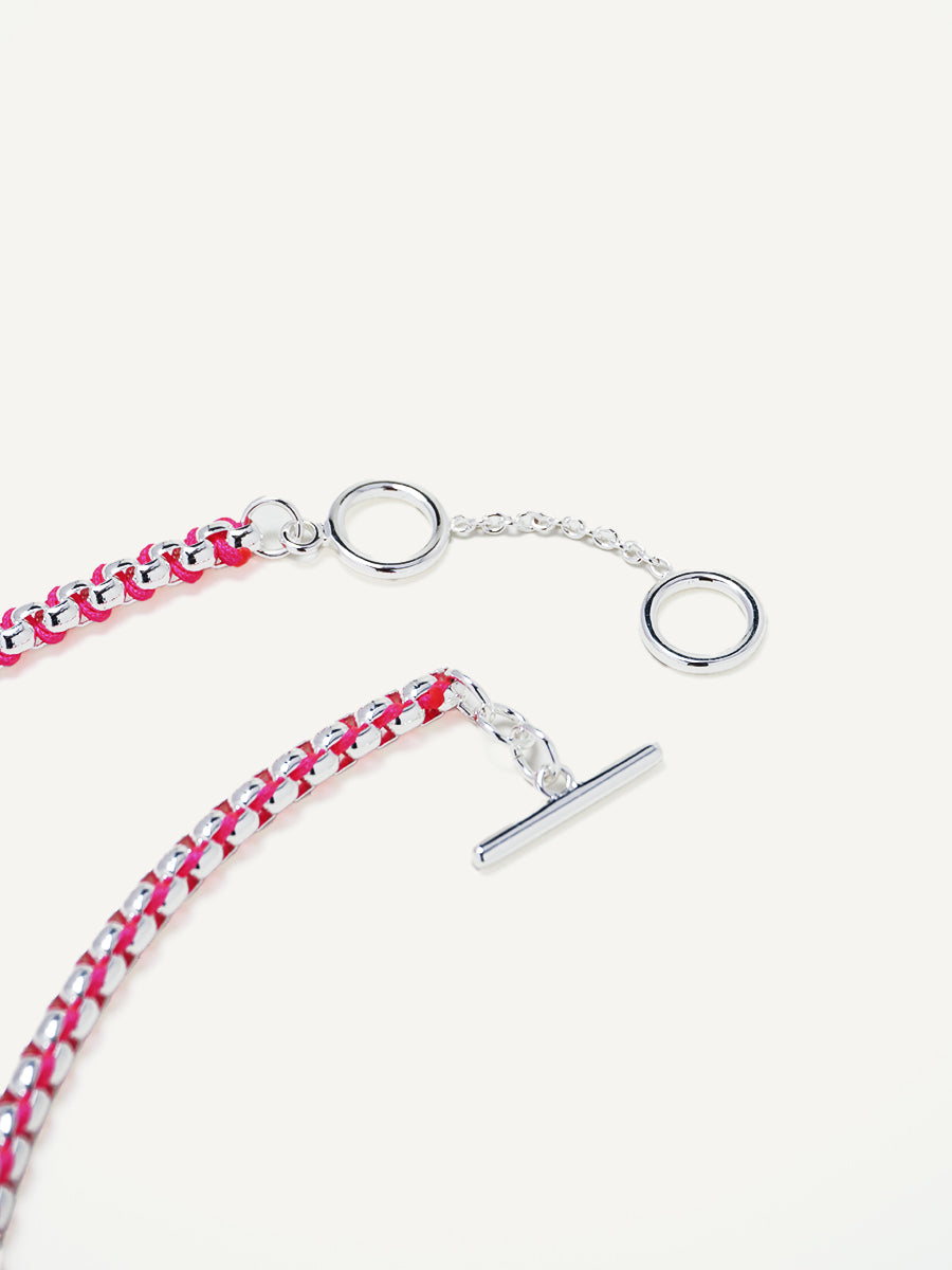 Silver Hot Pink Braided Necklace RN029