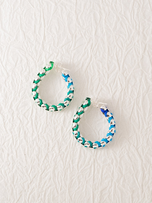 Silver Blue-Green Gradient Chain Hand-woven Hoop Earrings