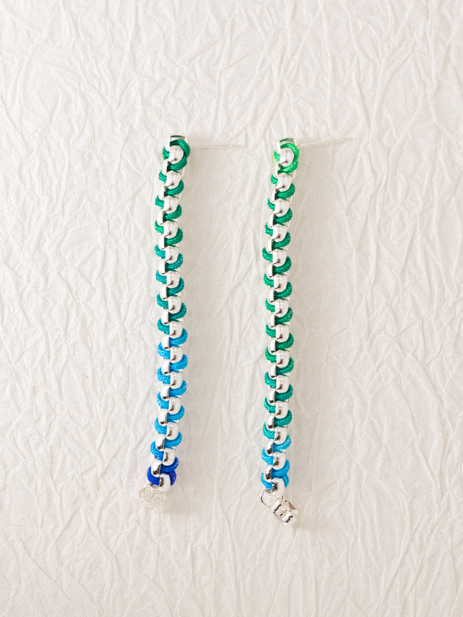 Silver Blue-Green Gradient Chain Hand-woven Hoop Earrings
