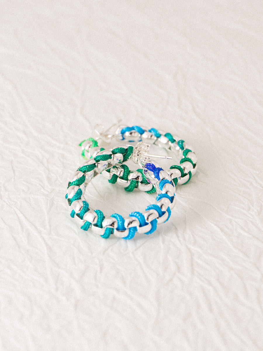 Silver Blue-Green Gradient Chain Hand-woven Hoop Earrings
