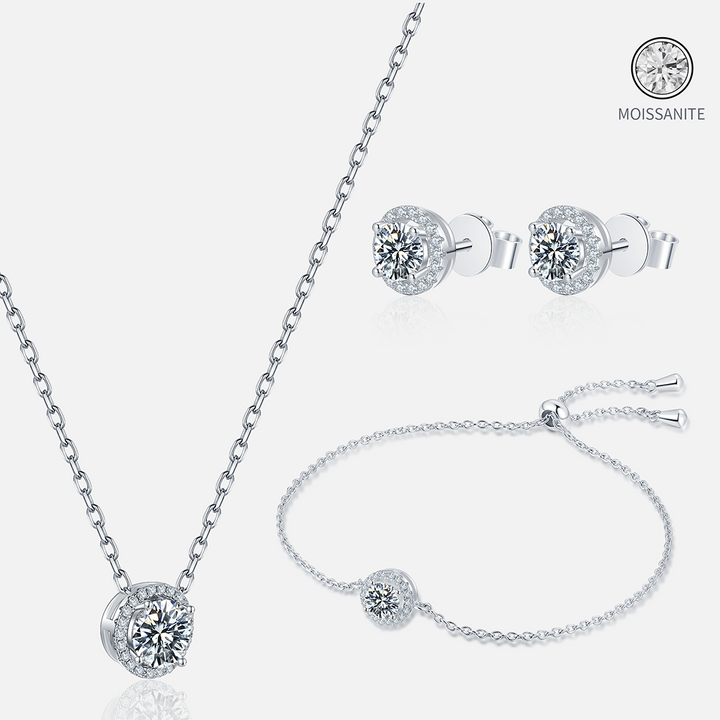 Moissanite-Halo-Sterling-Silver  Jewelry Set