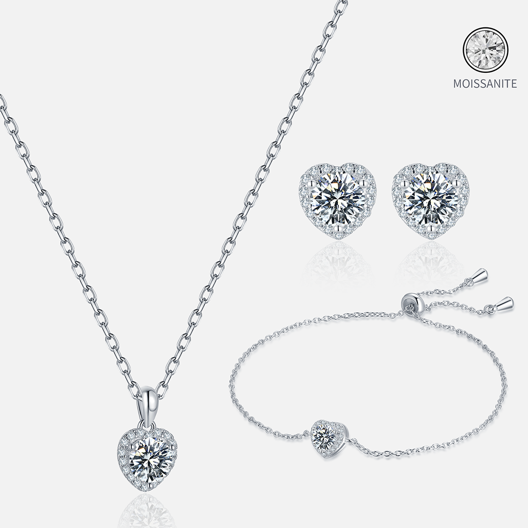 Moissanite-Heart-Sterling-Silver Jewelry Set