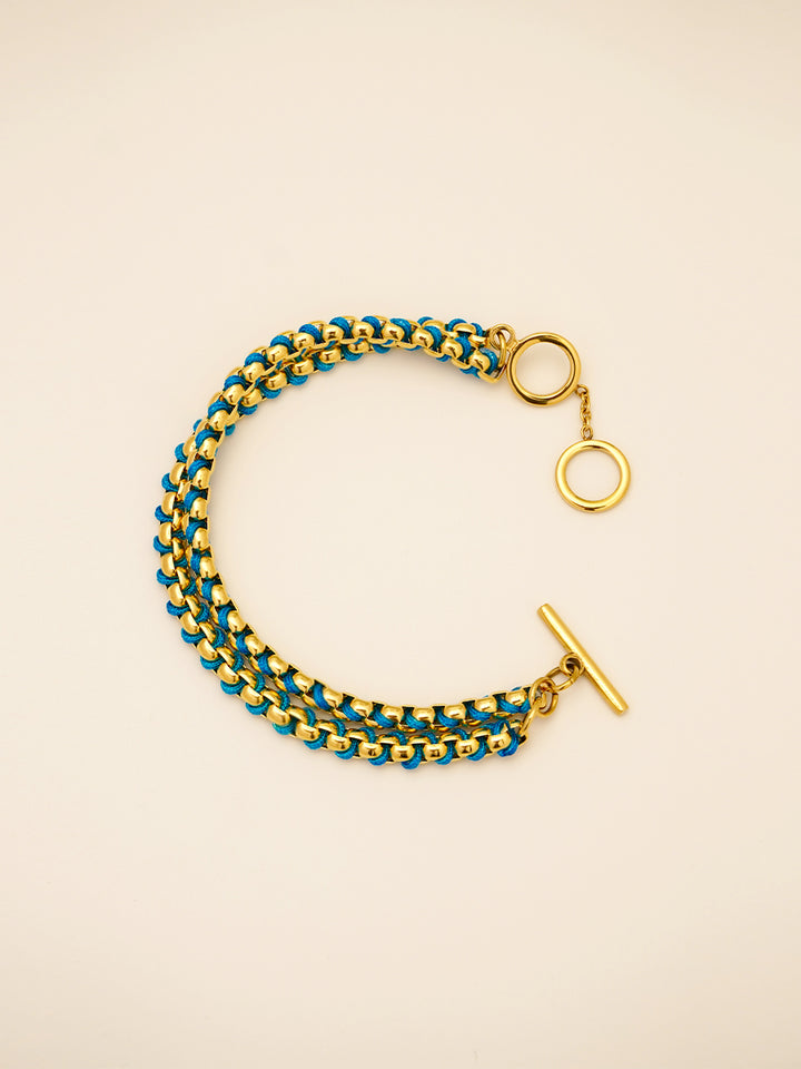 Gold Cerulean Blue hand-woven layered Bracelet RB024