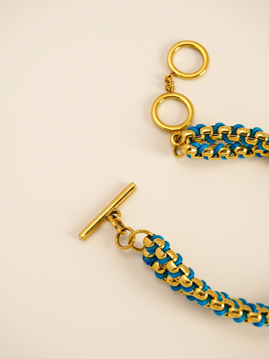 Gold Cerulean Blue hand-woven layered Bracelet RB024