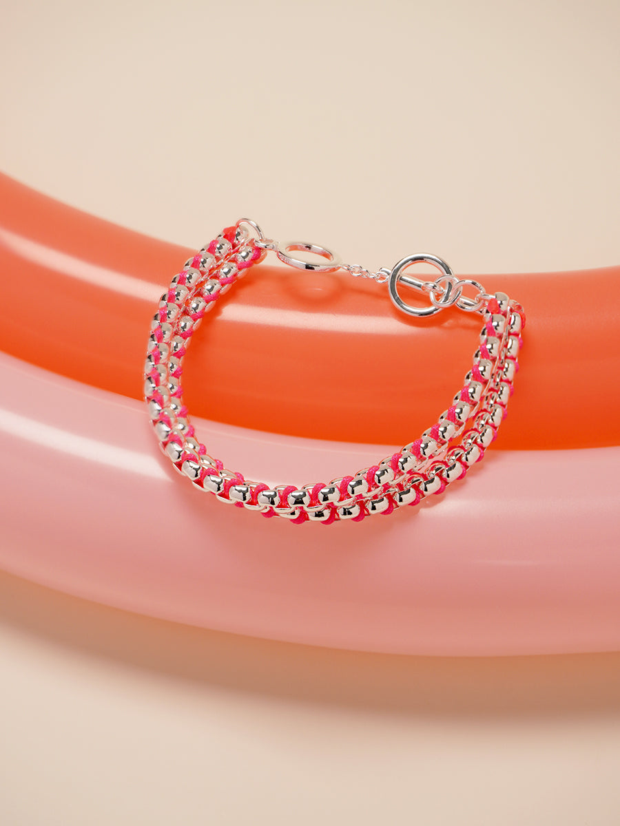 Silver Hot Pink Hand-woven layered Bracelet RB030
