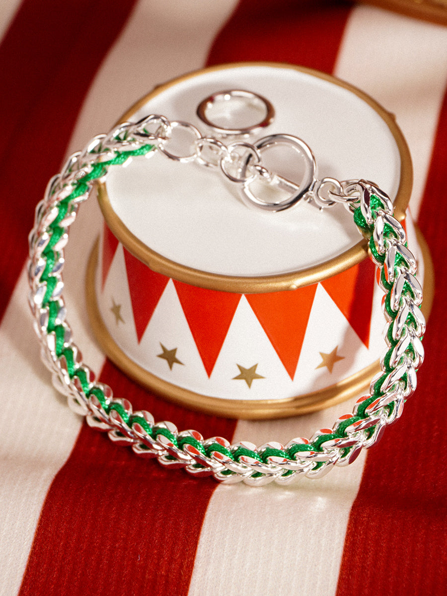 Silver Christmas Green Hand-woven Chevron Cuff Bracelet RB042