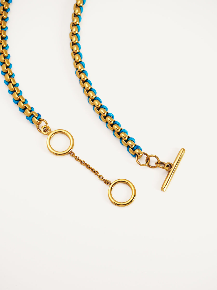 Gold Cerulean Blue Braided Necklace RN023
