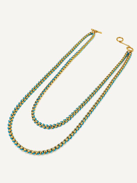Gold Cerulean Blue Braided layered Necklace RN024