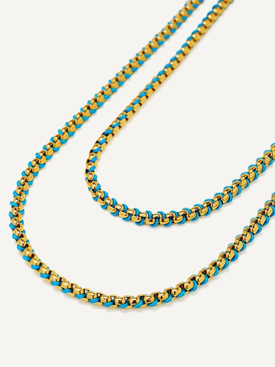 Gold Cerulean Blue Braided layered Necklace RN024