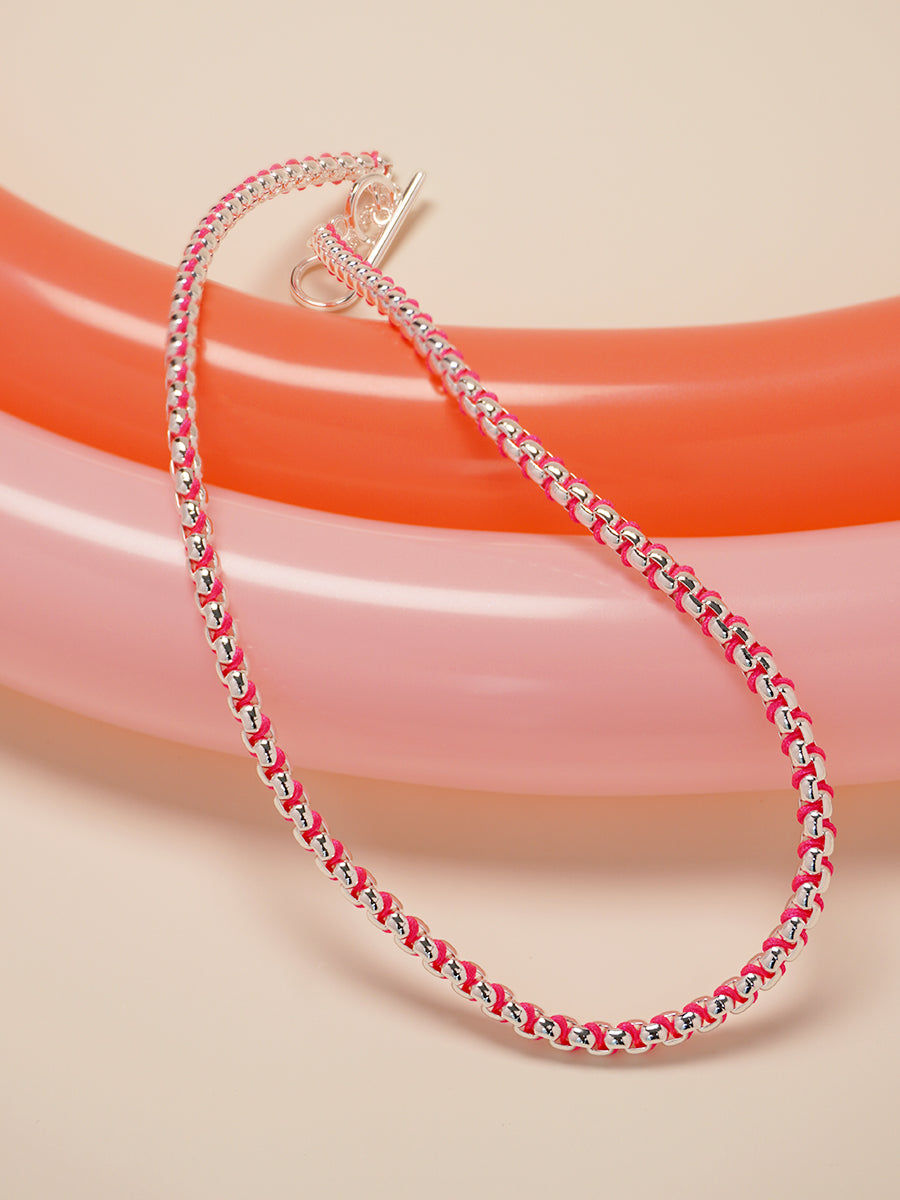 Silver Hot Pink Braided Necklace RN029