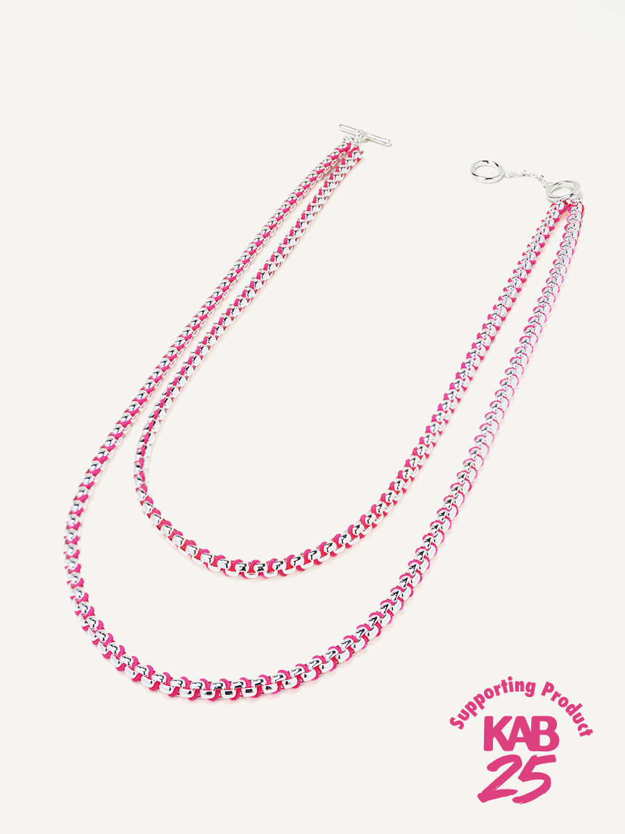 Silver Hot Pink Braided layered Necklace RN030