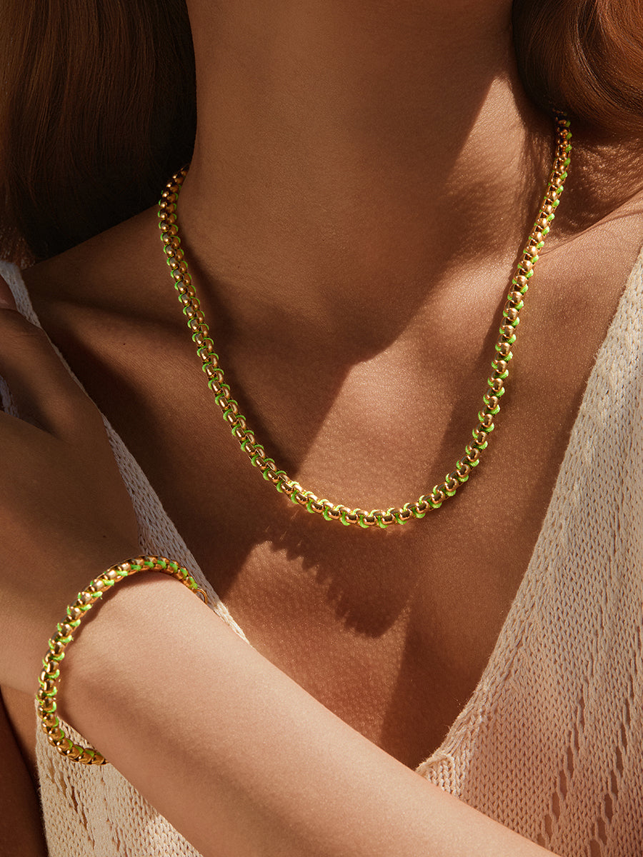 Gold Neon Green Braided Necklace RN031