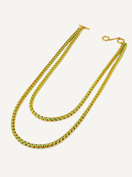 Gold Neon Green Braided layered Necklace RN032
