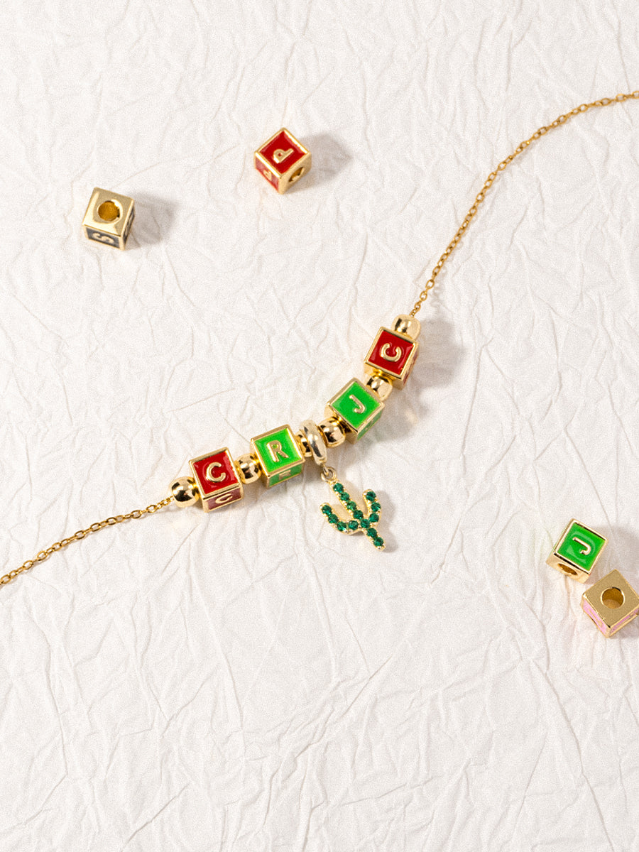 Personalized 4-Letter Necklace with Cactus Blossom Charm
